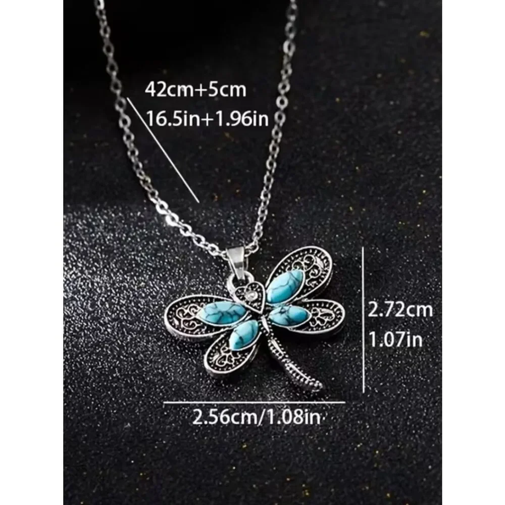 Boho Dragonfly Pendant Inlaid Faux Turquoise Intricate Carved Patterns Necklace